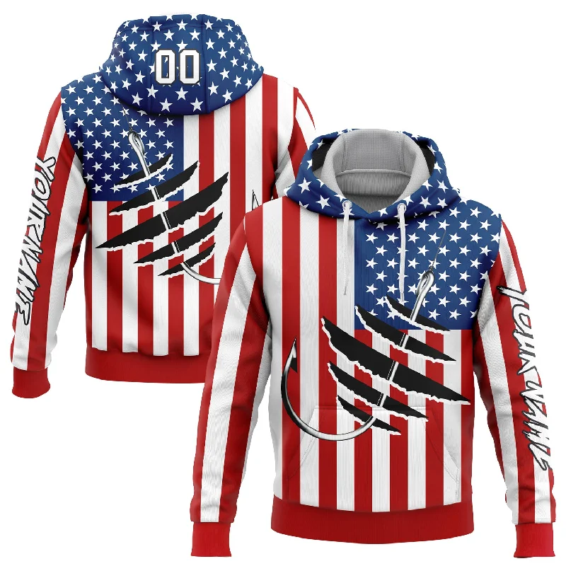 Women's Custom Fit Hoodies-Custom Stitched Red US Navy Blue-Black 3D American Flag And Fish Hook Fishing Sports Pullover Sweatshirt Hoodie