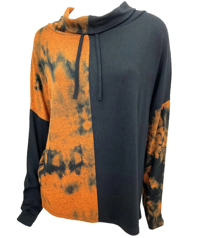 Women's Slit Floral Pullovers-Marble Wash Drawstring Cowlneck Top In Spice