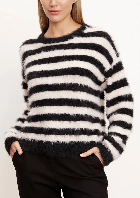 Women's Fringe Pleated Pullovers-Crew Striped Sweater In Black/blush