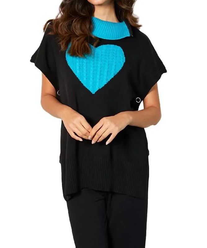 Women's Silk A-Line Pullovers-Zip Cowl Neck Heart Poncho In Black/turquoise