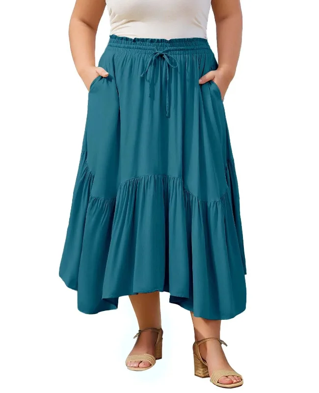 Women's Tulle A-Line Skirts-Plus Size Boho Maxi Skirt Tiered-Lake Blue