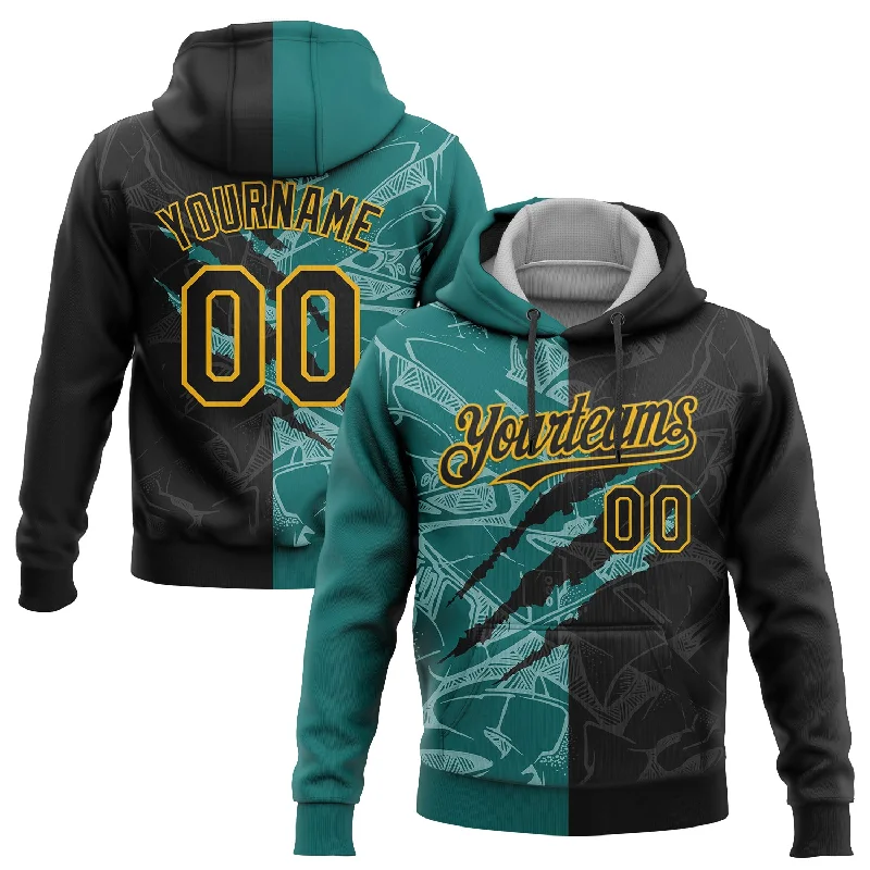 Women's Straight Fit Hoodies-Custom Stitched Graffiti Pattern Black Teal-Gold 3D Scratch Sports Pullover Sweatshirt Hoodie