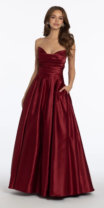 Satin Strapless Ruched Ballgown with Pockets