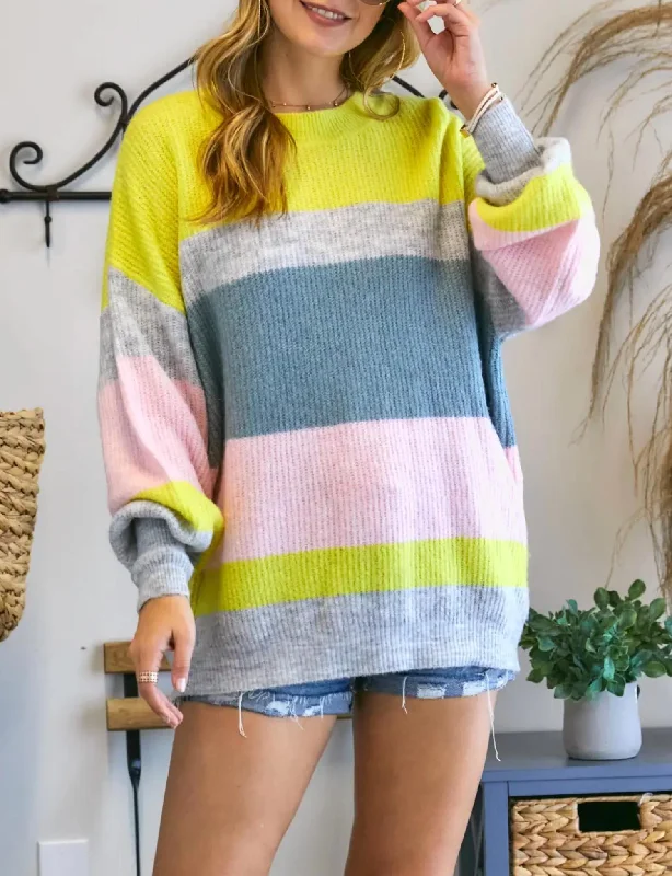 Women's Textured Pencil Pullovers-Striped Crewneck Sweater In Yellow/grey/pink