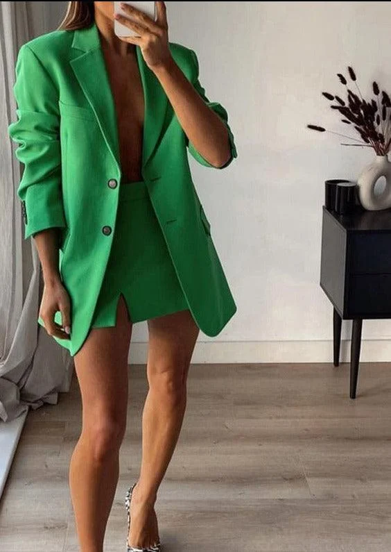 Women's Button-Front Ruffle Skirts-Green Mini Skirt Suit