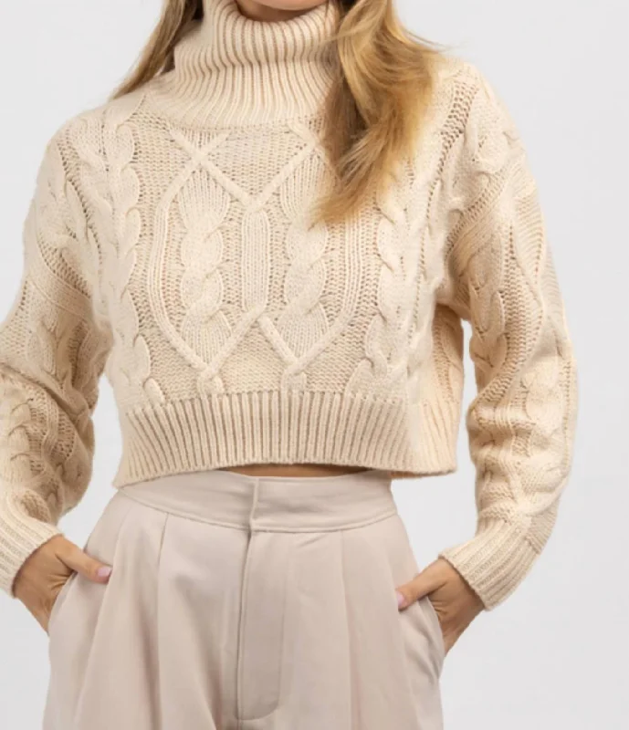 Women's Silk A-Line Pullovers-Cableknit Turtleneck Crop Sweater In Neutral