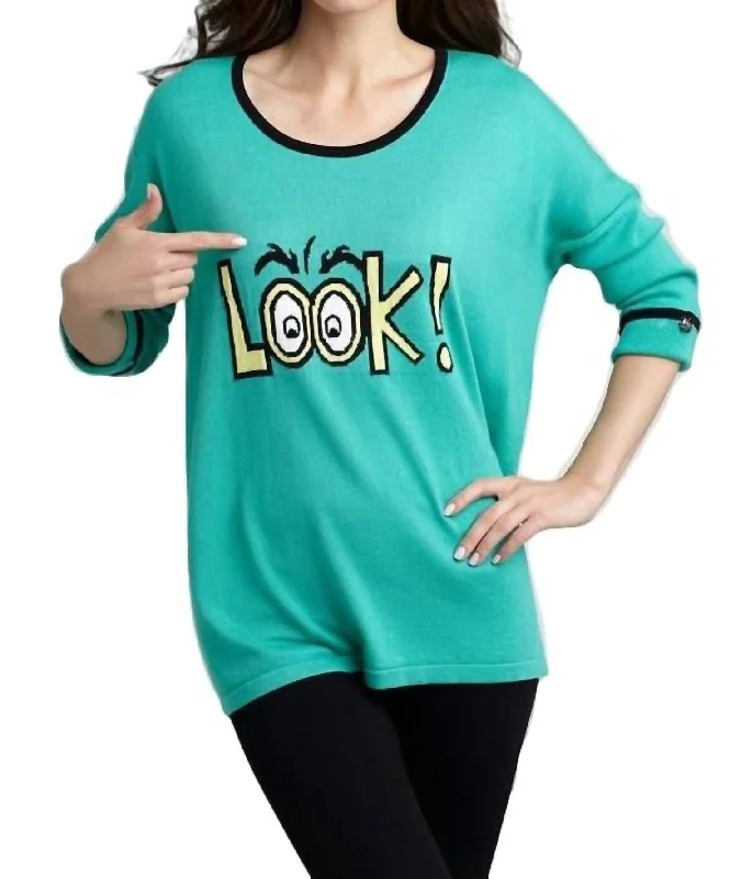 Women's Shawl Collar Pullovers-Look Graphic Sweater In Teal