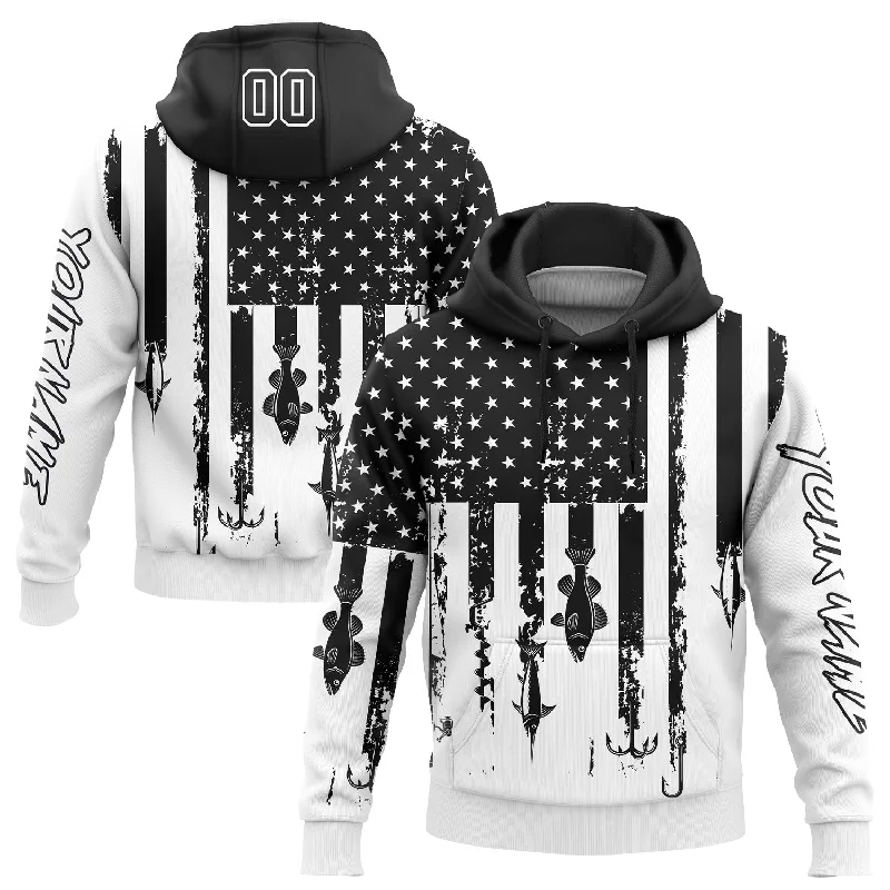 Women's Drawcord Waist Hoodies-Custom Stitched White Black 3D American Flag And Fish Hook Fishing Sports Pullover Sweatshirt Hoodie