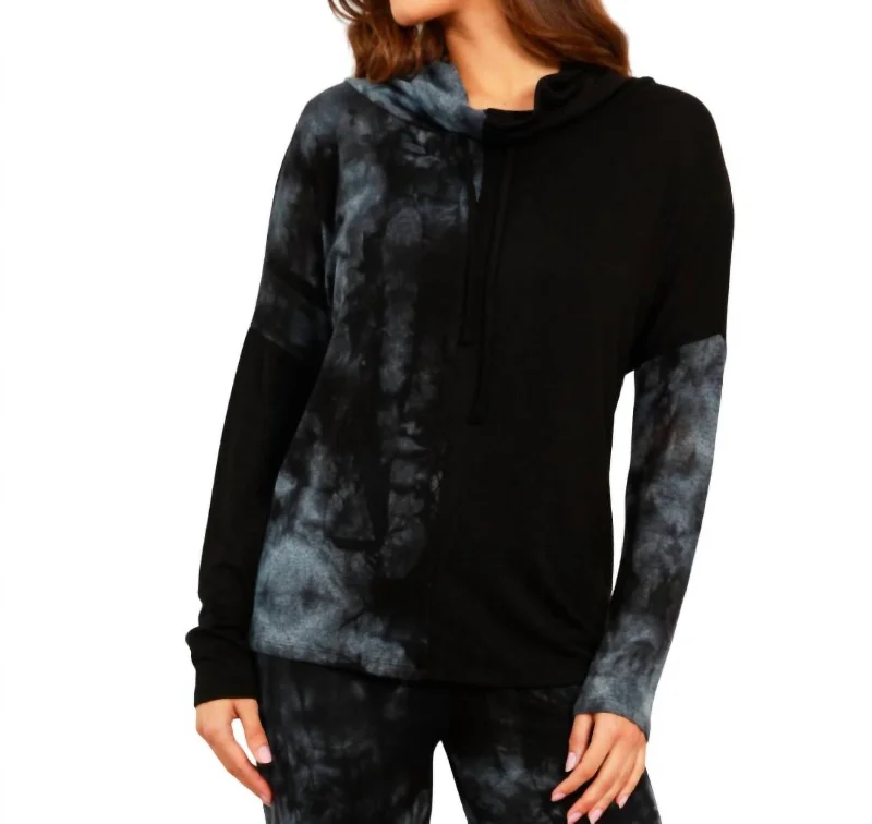 Women's Slit A-Line Pullovers-Marble Wash Drawstring Cowlneck Top In Storm