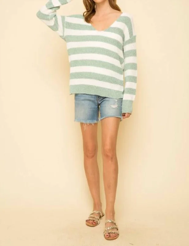 Women's Satin Denim Pullovers-Knotted Back Stripe Sweater In Mint