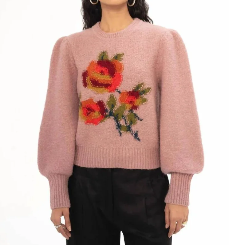 Women's Silk Pencil Pullovers-Rosie Handknit Crew Sweater In Petal