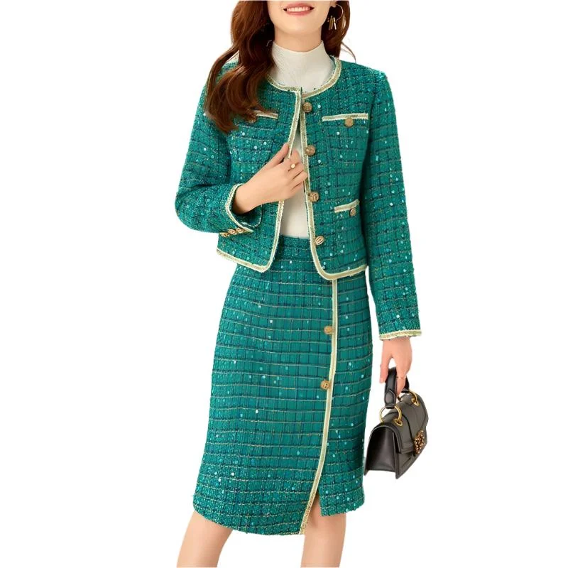 Women's Button-Front Pencil Skirts-Checked Sequined Tweed Skirt Suit