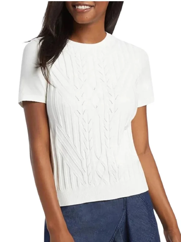 Women's Knit Pullovers-Cable Knit Short Sleeve Sweater In Willow White