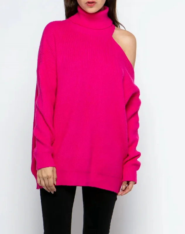 Women's Shimmer A-Line Pullovers-Shoulder-Baring Turtleneck Sweater In Hot Pink