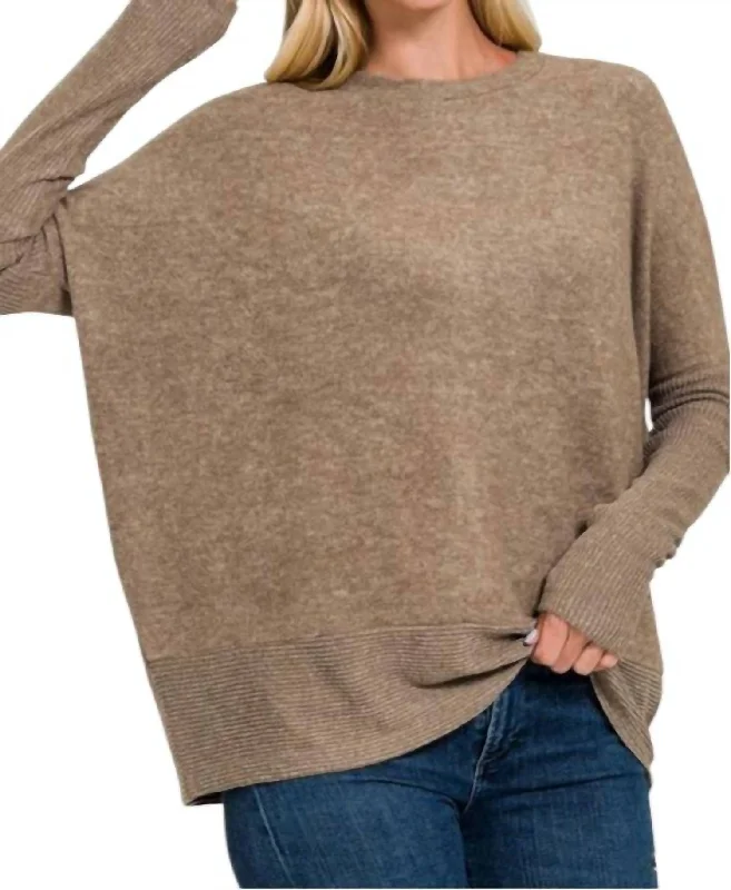 Women's Satin Pleated Pullovers-Christy Hacci Knit Dolman Sweater In Mocha