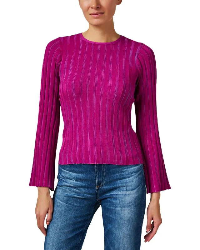 Women's Textured Pleated Pullovers-Ecru Rib Knit Silk Sweater