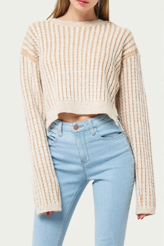 Women's V-Neck Pullovers-Cropped Cable-Knit Striped Sweater In Light Brown