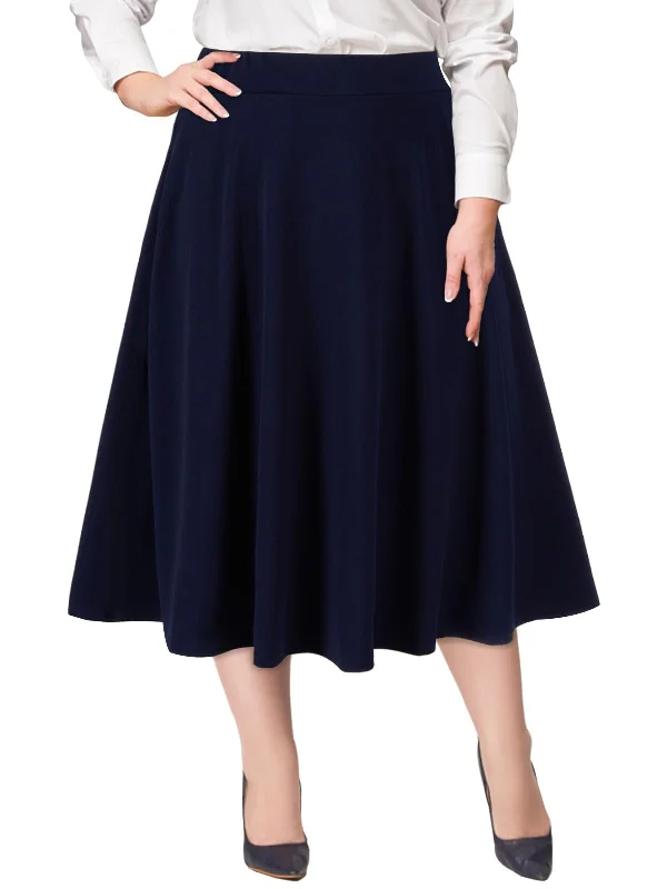 Women's Bohemian Skirts-Plus Size Midi Skirt High Elastic Waist - Navy