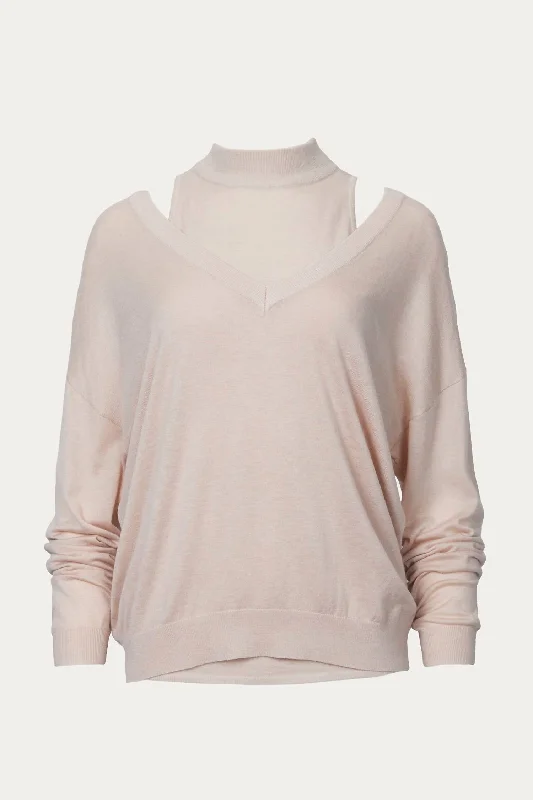 Women's Glitter Pleated Pullovers-Niva Cutout Shoulder Sweater In Misty Rose