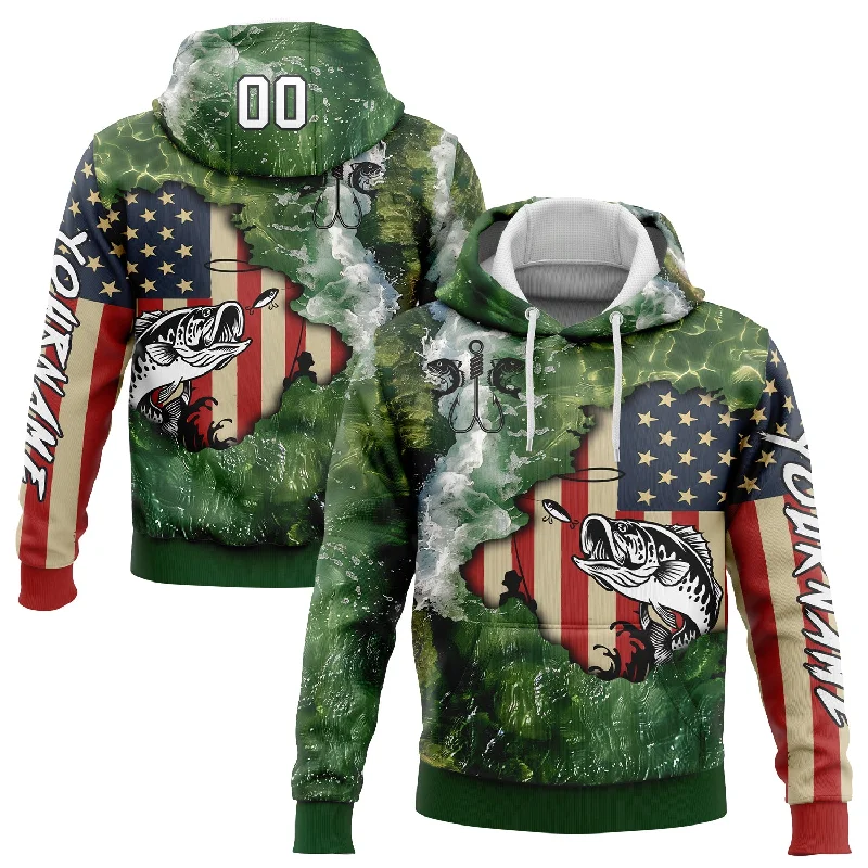 Women's Comfy Hoodies-Custom Stitched Aurora Green White-Black 3D American Flag And Largemouth Bass Fish Fishing Sports Pullover Sweatshirt Hoodie