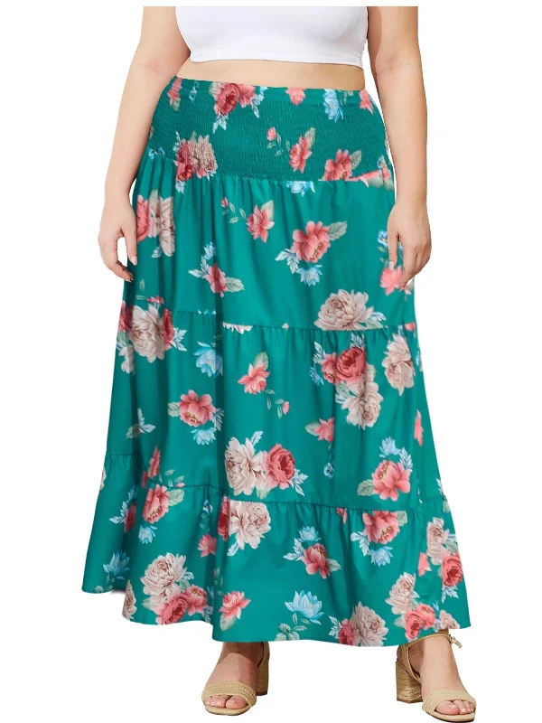 Women's Button-Front Ruffle Skirts-Plus Size Maxi Skirt High Waist Pleated Flowy Floral - Green Print