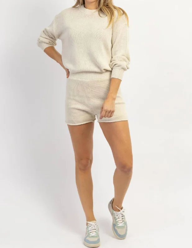 Women's Lace Denim Pullovers-Isadora Knit Top And Lined Short Set In Beige