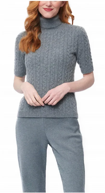 Women's Satin A-Line Pullovers-Leo Short Sleeve Cable Knit Turtleneck In Gray