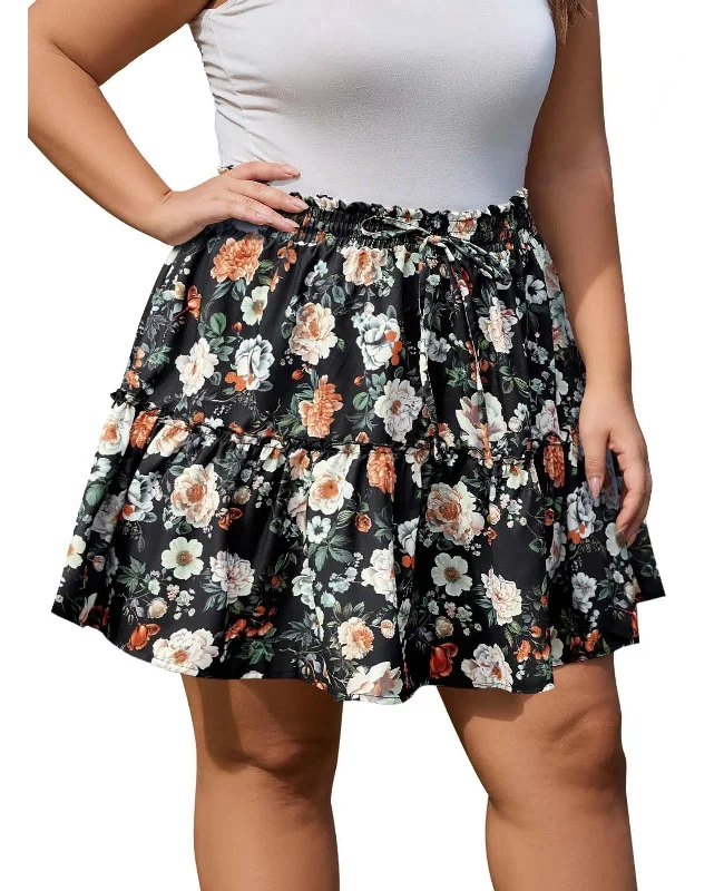 Women's Thermal Floral Skirts-Plus Size Ruffle Tiered Skirt Flowy Floral-Flower