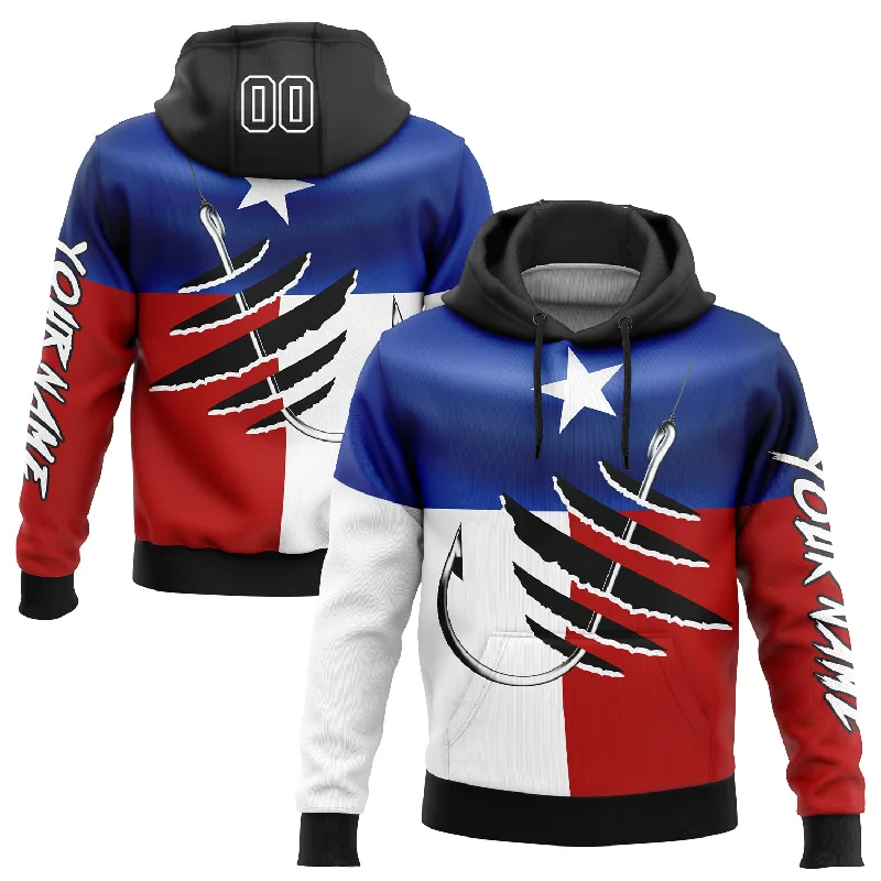 Women's Cutout Hoodies-Custom Stitched Royal Black-Red 3D Texas Flag And Fish Hook Fishing Sports Pullover Sweatshirt Hoodie