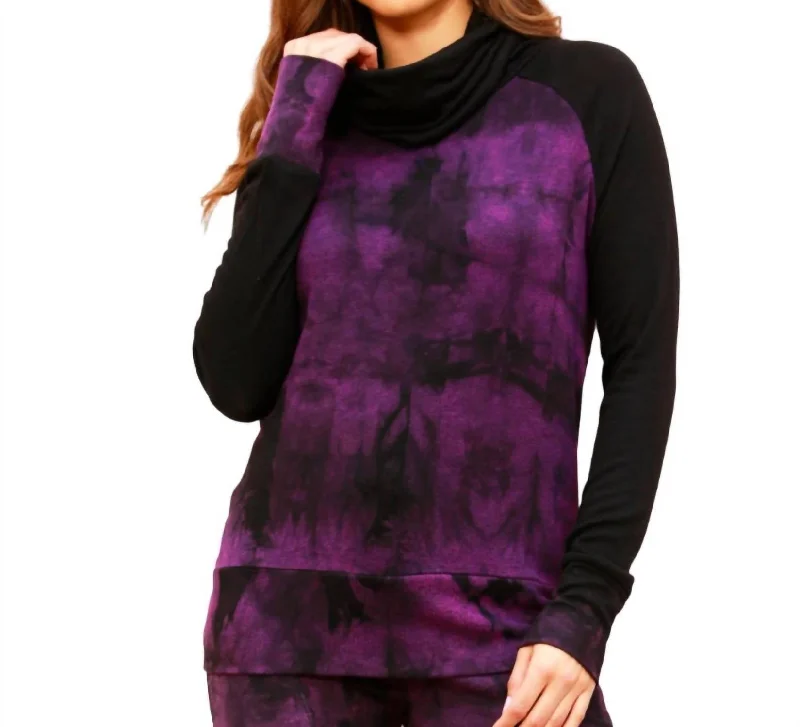 Women's Slit Ruffle Pullovers-Marble Wash Color Block Turtleneck Top In Grape