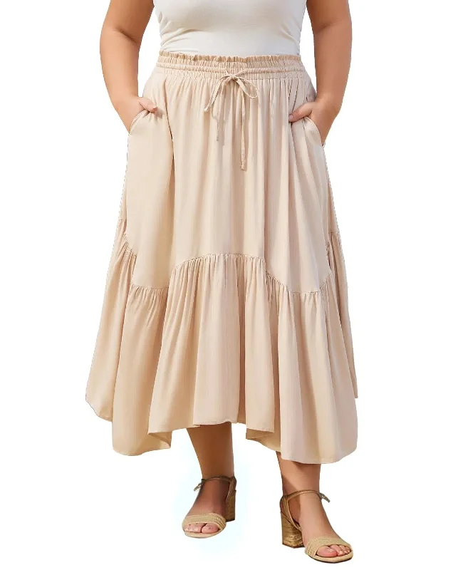 Women's Tulle Pencil Skirts-Plus Size Boho Maxi Skirt Tiered-Beige