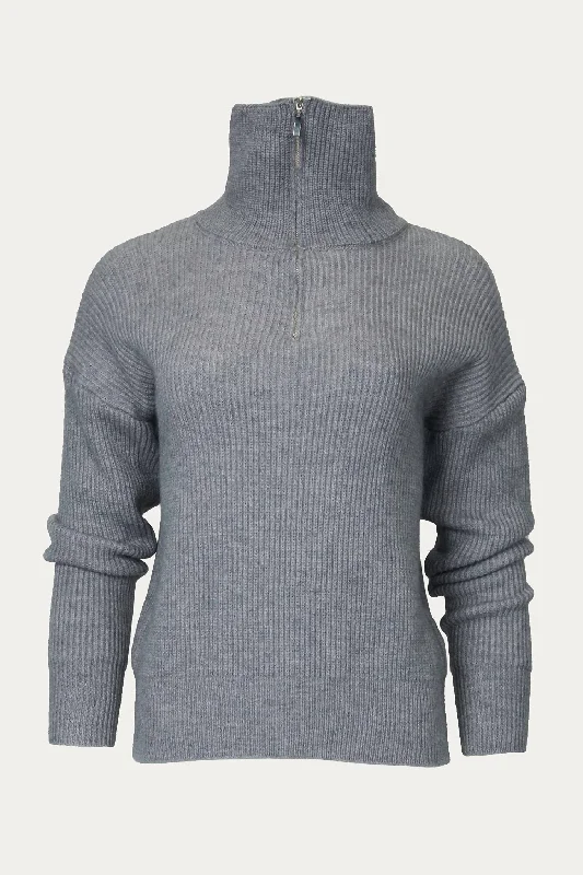 Women's Zip Pullovers-Ciut Half-Zip Ribbed Sweater In Grey