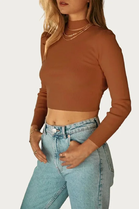 Women's Textured Floral Pullovers-Cropped Open-Back Mock Neck Sweater In Amber Brown