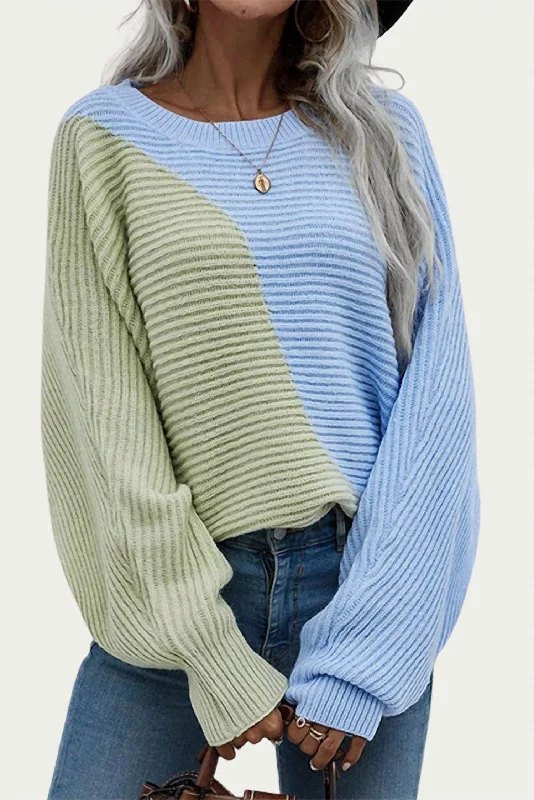 Women's Striped Pullovers-Cotton-Blend Colorblock Sweater In Green/blue