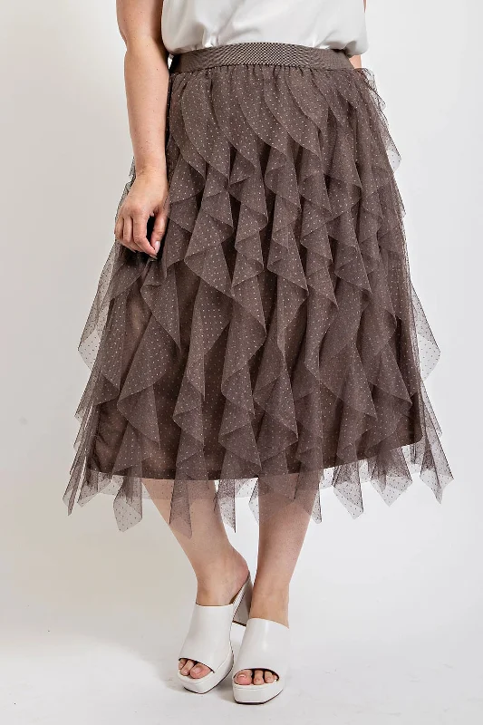 Women's Windproof Denim Skirts-Ruffled Tulle Midi Skirt With Elastic Waist Band