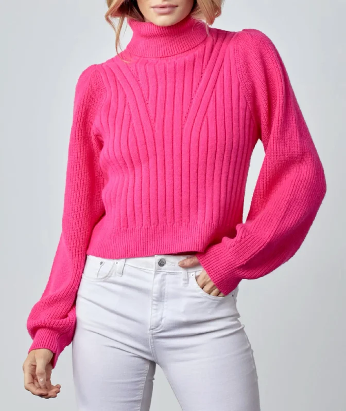 Women's Button-Front Pencil Pullovers-Ribbed Turtleneck Sweater In Hot Pink