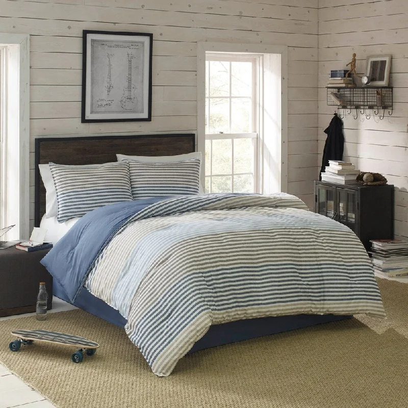 Women's Silk Denim Skirts-IZOD Chambray Stripe Comforter Set with Shams and Bed Skirt