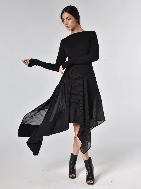 Black Pleated Chiffon Dress