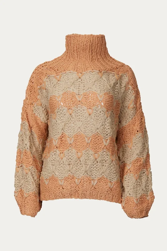 Women's Glitter Ruffle Pullovers-Open-Knit Chunky Turtleneck Sweater In Beige Papaya Stripe