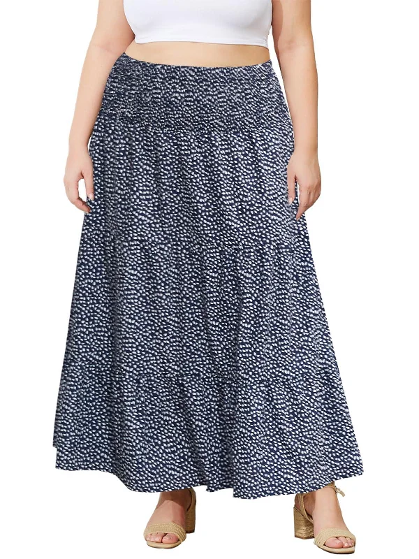 Women's Button-Front Floral Skirts-Plus Size Maxi Skirt High Waist Pleated Flowy Floral - Navy Blue Print