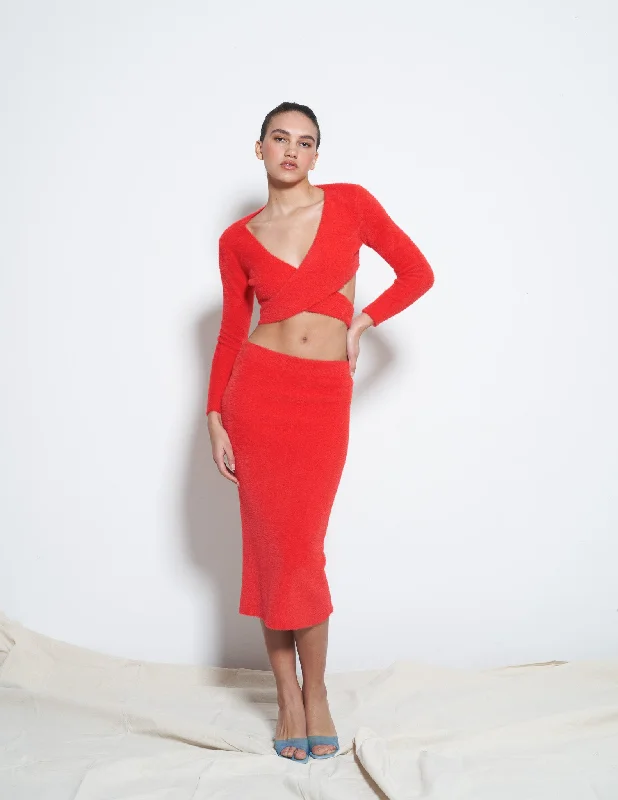 Women's Chic Skirts-VALERIE SKIRT IN RED FURRY KNIT