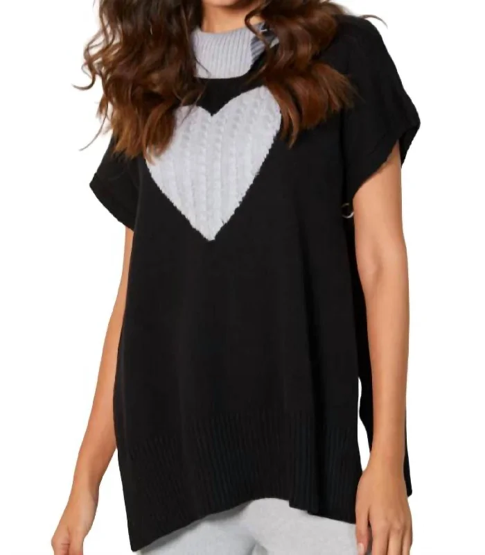 Women's Sleep Pullovers-Zip Cowl Neck Heart Poncho In Black/slate