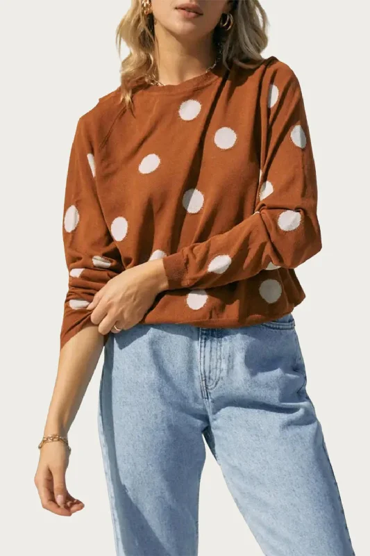 Women's Button-Front Floral Pullovers-Polka-Dot Intarsia Knit Top In Camel/off White