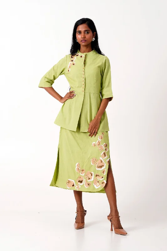 Women's Slit A-Line Skirts-Spring Green Sierra Skirt Set - Peplum Top + Tapered Skirt