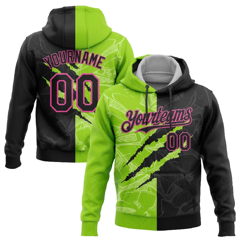 Women's Altered Fit Hoodies-Custom Stitched Graffiti Pattern Black Neon Green-Pink 3D Scratch Sports Pullover Sweatshirt Hoodie