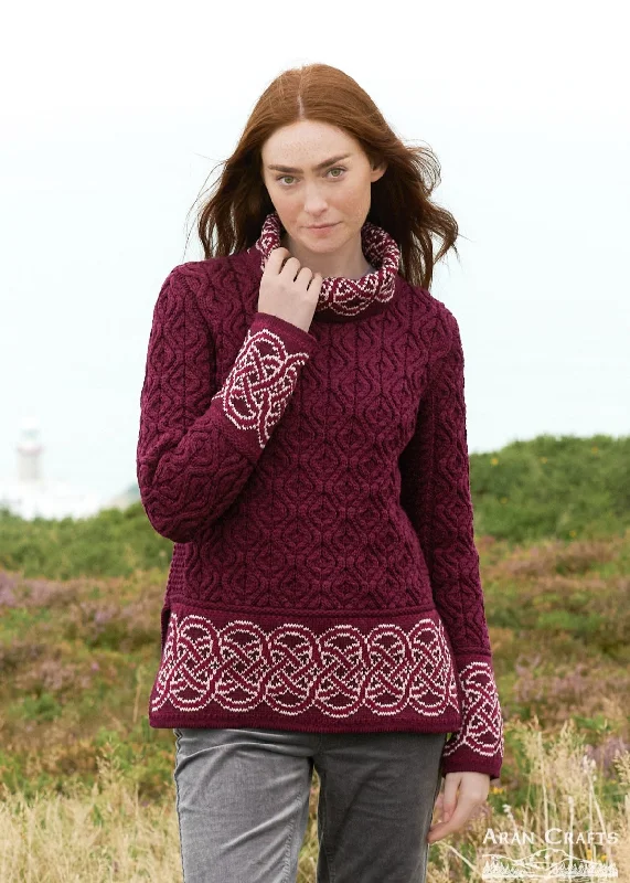 Women's Fleece A-Line Pullovers-Aran Women's Celtic Design Sweater | Wine