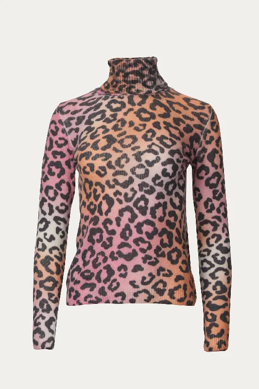 Women's Glitter Pleated Pullovers-Sunset Roll Neck Sweater In Multi Leopard Print