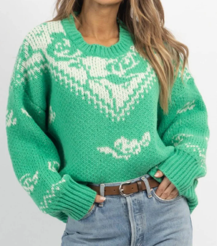 Women's Fringe A-Line Pullovers-Vintage Rose Sweater In Emerald