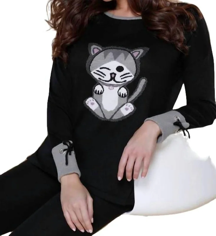 Women's Low-Waisted Pleated Pullovers-Kitty Paws Pullover In Black Multi