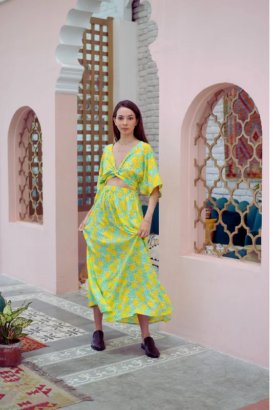 Women's Snake Print Skirts-Aubrey Floral Wrap Top and Midi Skirt Matching Set in Yellow Garden (Sample Sale)